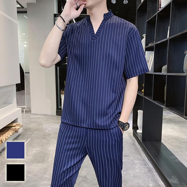 楽天WINファッションセットアップ リネン 上下セット メンズ Tシャツ Vネック トレーナー サルエルパンツ ワイドレッグパンツ ガウチョパンツ 5分丈 部屋着 普段着 無地