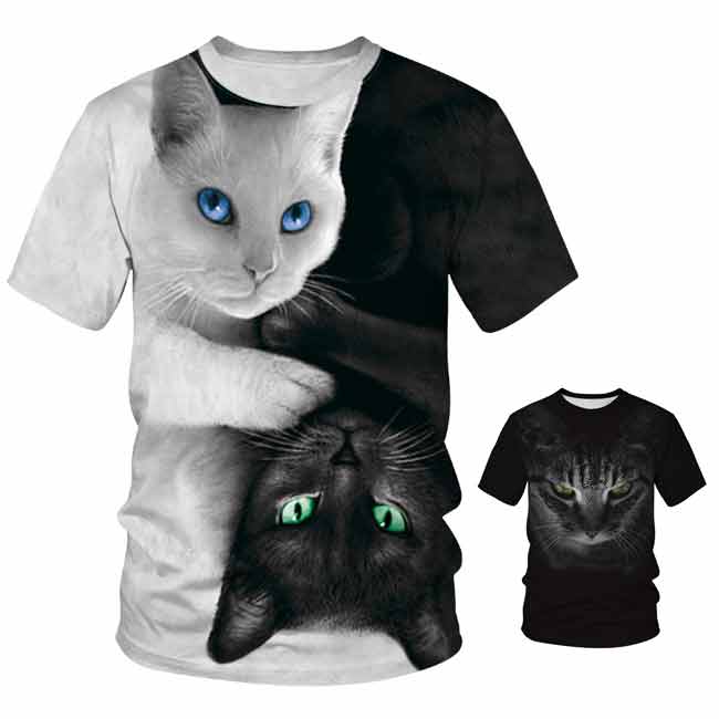 半袖 Tシャツ クルーネック トリックアート 猫 ラウンドネック カットソー メンズ 3Dアート 立体的 プリントTシャツ イラスト おもしろプリント