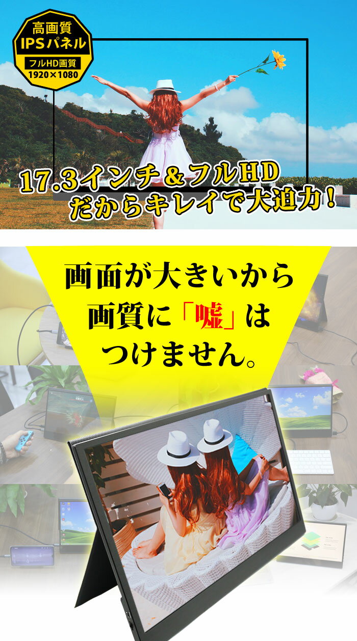 【7/29までの特典】モバイルモニター 大画面 17.3インチ FullHD【3年保証 即日出荷 送料無料】WT-173SF-BK モバイルディスプレイ ゲーミングモニター ポータブルディスプレイ デュアルディスプレイ 液晶 IPSパネル iPhone Android スマートフォン iPhone iPad 6024