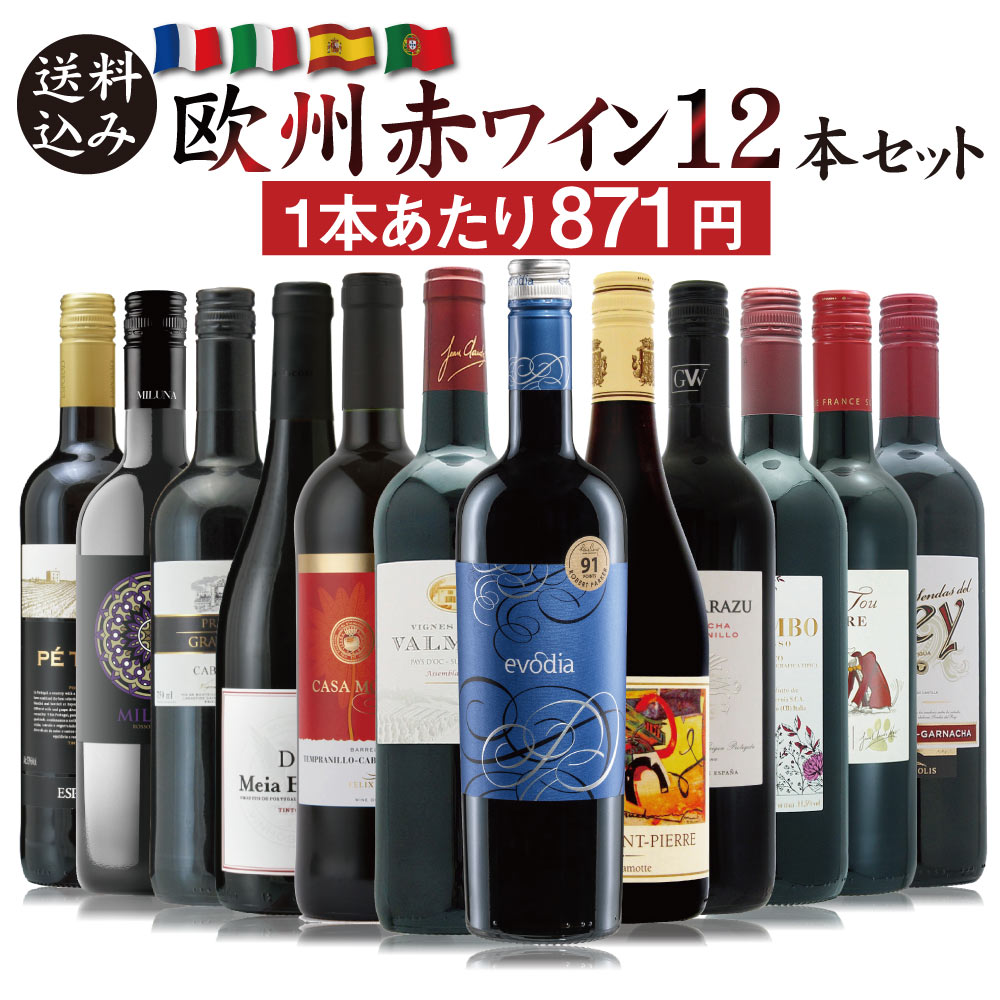 【1本あたり871円】欧州赤ワイン 厳選12本セット　750ml×12本　フランス イタリア スペイン ポルトガル 銘醸地 肉に合う 赤だけ フルボディ ミディアムボディ エヴォディア ステーキ 生ハム 肉じゃが 焼肉 コスパ抜群