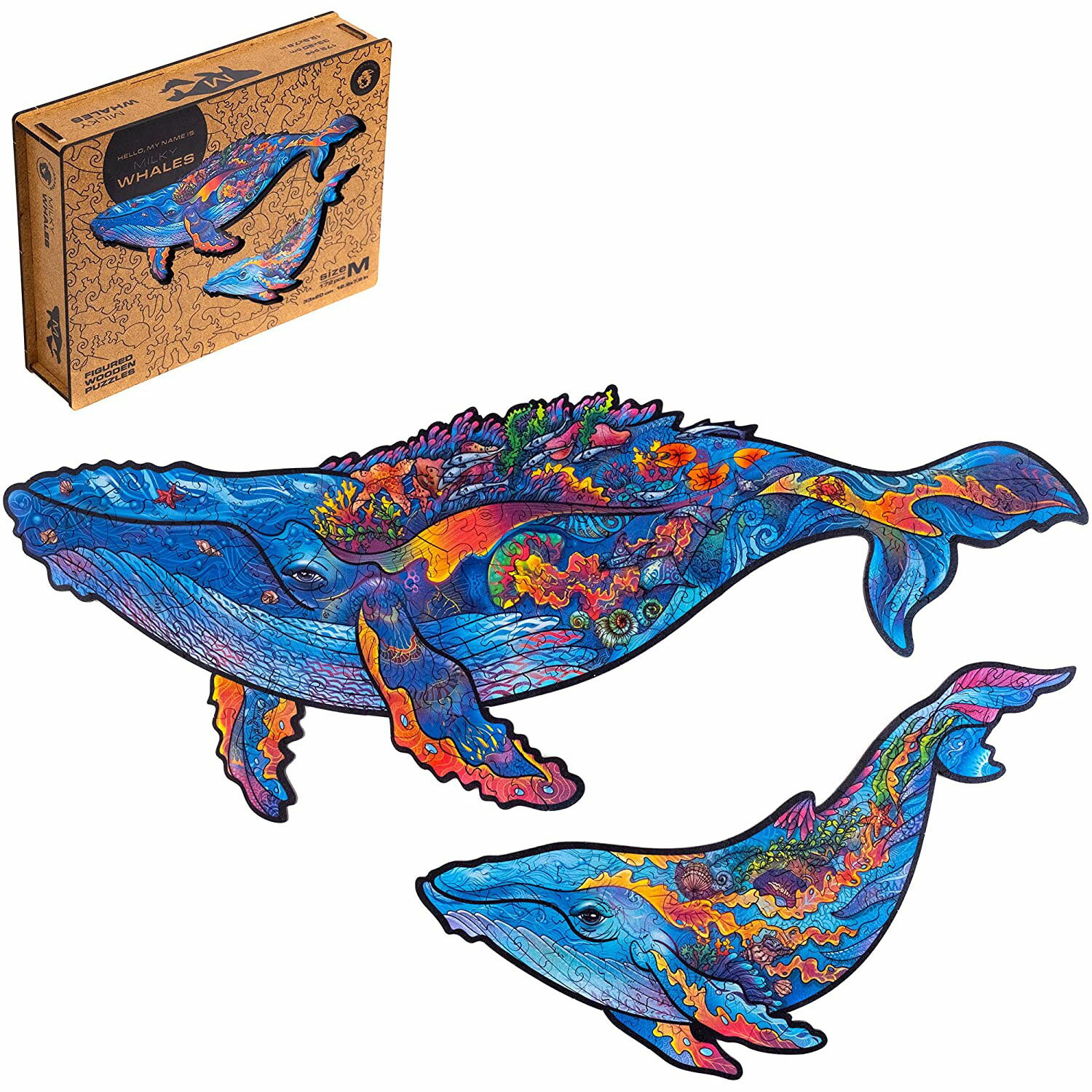 47.UNIDRAGON パズル 大人 木製パズル 木製 ジグソー 子供 最高 ギフト ユニーク 形 プレゼント ジグソーパズル ピース チャーミング 可愛い 綺麗 かわいい クジラ ミルキー ホエールズ 木製フィギュアパズル 33 x 20 cm 172 ピース 中