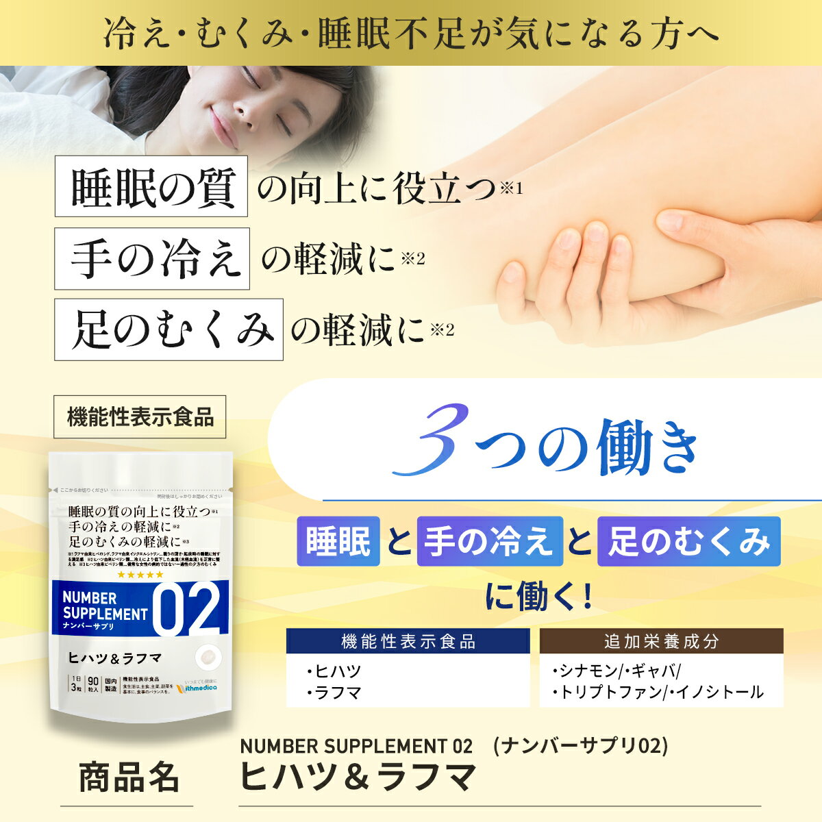 【初回半額キャンペーン】ナンバーサプリ02 ヒハツ＆ラフマ「睡眠の質の向上に役立つ 手の冷えの軽減に 足のむくみの軽減に」機能性表示食品 睡眠 サプリ 冷え症 サプリ 血流 血行 L－トリプトファン イノシトール ギャバ GABA シナモン（ウィズメディカ 公式） 2