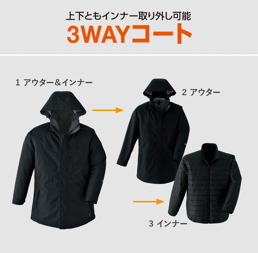 【あす楽対応！】ゴアテックス GORE-TEX 3WAY防寒コート 51023 紳士 ビジネス 秋冬用 防風性 透湿性 撥水性 防水性 ブラック 黒 おしゃれ 防寒 防寒着 スリーウェイ アウトフード