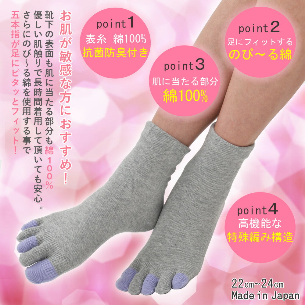 送料無料 5本指靴下 レディース 日本製 22〜24cm 綿100％ 肌に当たる部分綿100％ のび〜る綿100％ 履きやすい5本指靴下 柔らかい 肌ざわりが良い 水虫対策 通気性がいい 抗菌防臭 蒸れにくい 汗取り 清涼感 快適 五本指ソックス 足にフィットする綿 ラポスカ