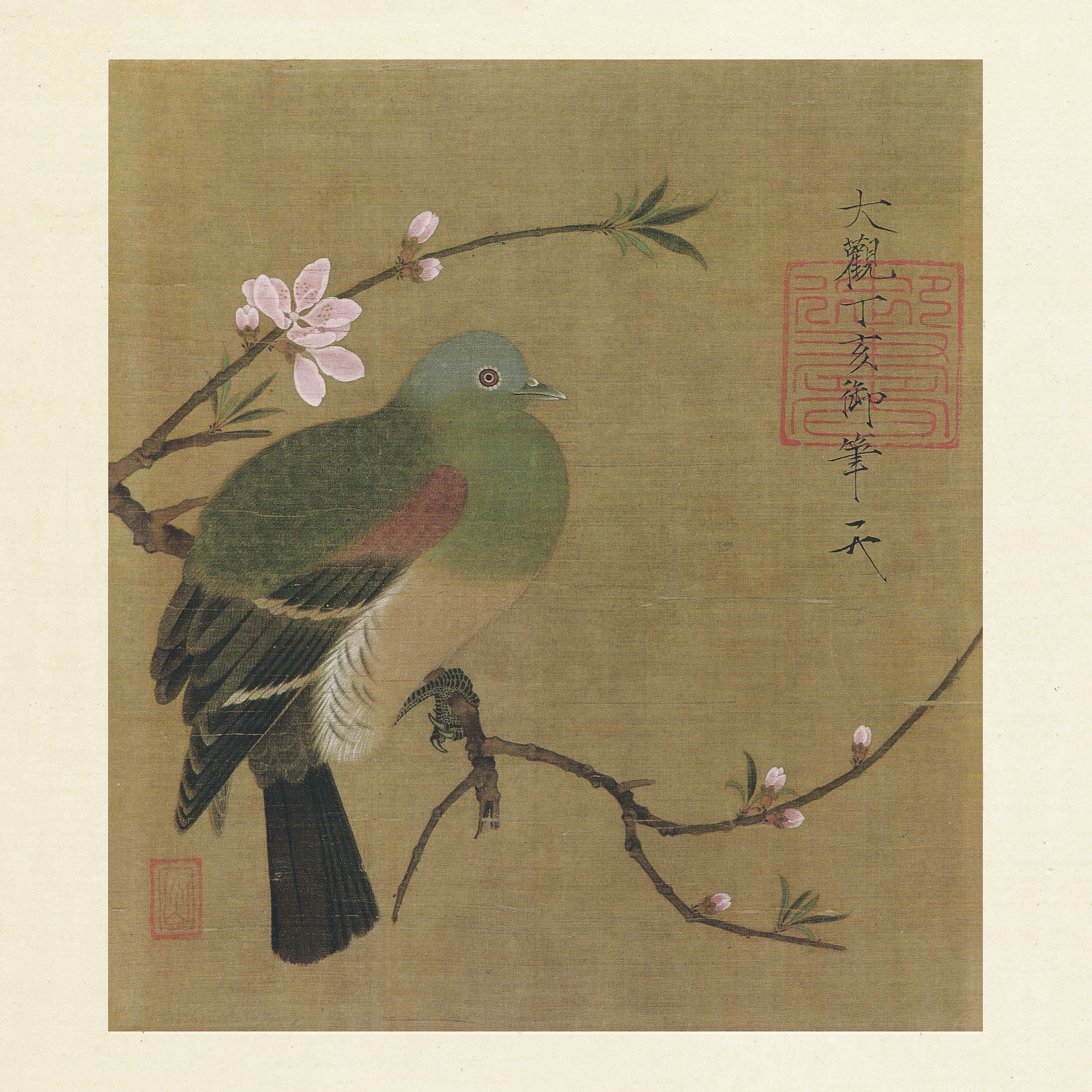 趙佶　宋　額画　桃鳩図頁　高質印刷アート　中国絵画/ 宋&#183;&#36213;佶　桃&#40480;&#22270;&#39029;　&#21333;&#39029;画心