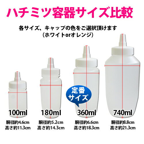はちみつ容器360ml【30本セット】*PP500 トンガリキャップ（白・オレンジ 2カラー）高粘度液体用 定番サイズ 小分け容器 日本製 詰め替えやすい広口！ローション ジェル オイル 蜂蜜（はちみつ） 調味料 液体 粉末 便利容器 携帯 軽量 詰め替え容器 ハチミツ容器