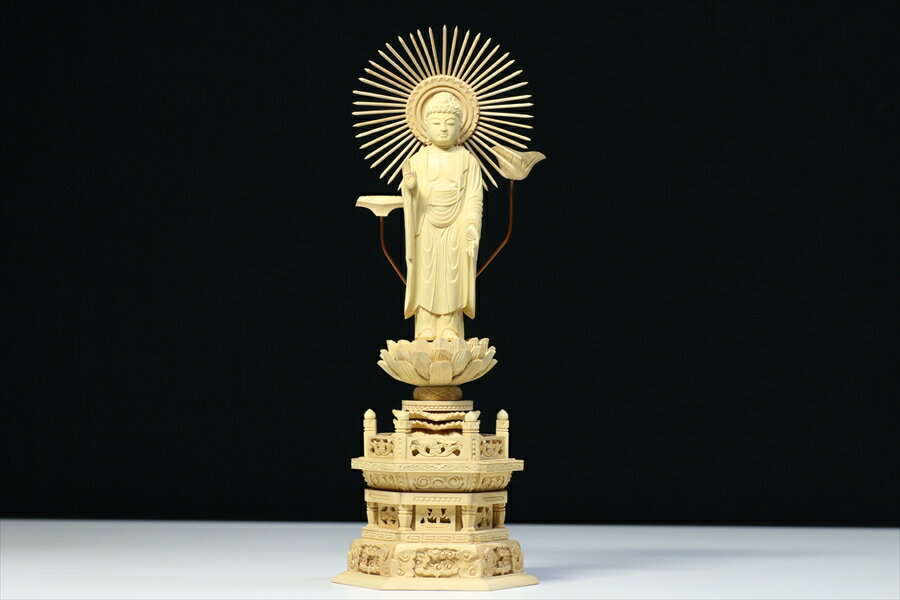 仏像 ■ 5寸 ■ 阿弥陀如来立像 六角台座総柘植 浄土真宗 大谷派ご本尊 ■ 仏具（高さ36.6cm×幅13.6cm×奥行き9.8cm） 神棚 神具 仏具 盆提灯 やまこう 山幸