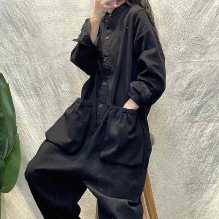 オールインワン 秋 サロペット 黒 ワイドパンツ フロントポケット ゆったり 無地 体型カバー ジャンプスーツ ビッグシルエット レディース カーキ ロング 春 ワイド