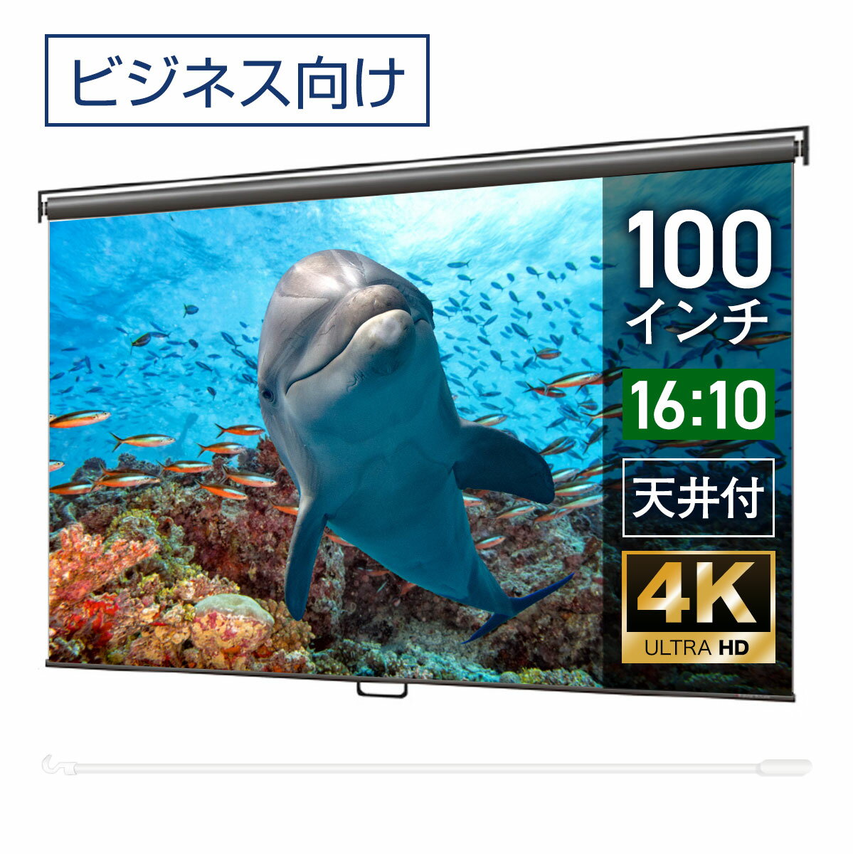 楽天シアターハウスプロジェクタースクリーン 100インチ 吊り下げ シアターハウス スプリングスクリーン WXGA 16:10 ビジネス 4K 送料無料 日本製 プロジェクター スクリーン 100 手動 スプリング ロール 引っ掛け棒 天吊 壁掛け 会議 プレゼン 店舗 学校 メイドインジャパン 生涯保証