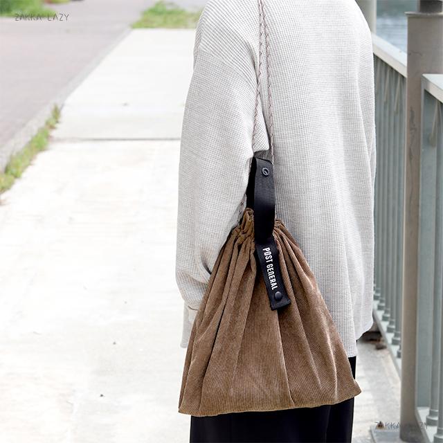 楽天雑貨レイジー「PACKABLE CORDUROY BAG　ブラウン」 コーデュロイ シンプル エコバック 巾着 ユニセックス POSTGENERAL【コンパクト対応】