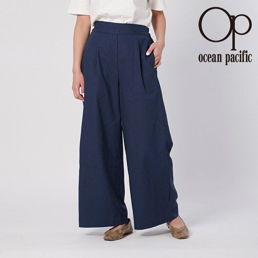 【正規品】 オーシャンパシフィック Ocean Pacific レディス ロングパンツ 綿麻 ナチュラル ワイドパンツ 合わせやすい ウエスト ゴム 無地 シンプル 定番 ベーシック 動きやすい ネイビー 春夏