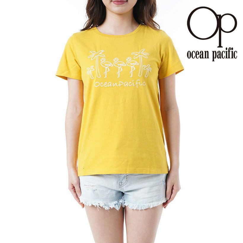 【正規品】 オーシャンパシフィック Ocean Pacific レディス 半袖 Tシャツ 可愛い ステッチ フラミンゴ ヤシの木 動きやすい 合わせやすい カジュアル シンプル 肌心地 ロゴ 綿 イエロー 春夏