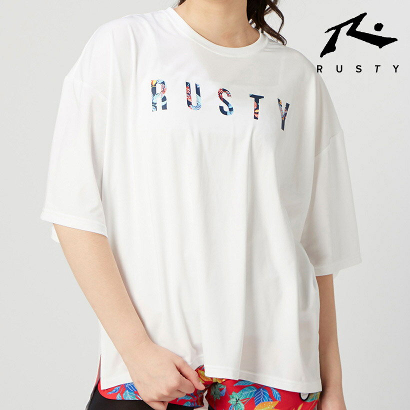 【正規品】 ラスティ RUSTY レディース 半袖 Tシャツ UVカット 紫外線対策 プリントシャツ カジュアル 普段着 ビックシルエット ゆったりシルエット ロゴプリント シンプル オシャレ リゾート感 肩落ち ホワイト 春夏