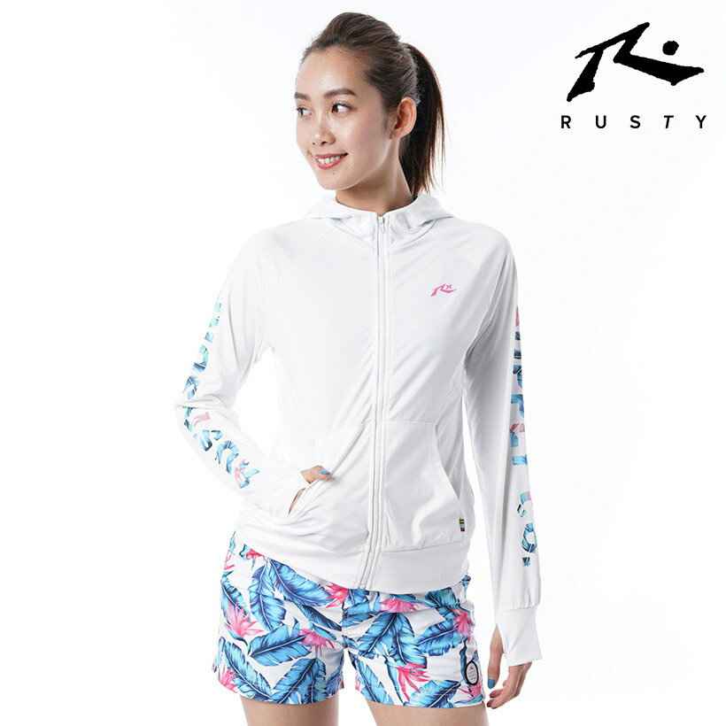 ラスティー RUSTY 正規代理店 人気 レディース 女性用 ラッシュガード 長袖 UVCUT90 シンプル ロゴ サーフブランド スポーツ フィットネス カジュアル UVパーカー ジップ ホワイト 白色 リーフ柄 ナイロン M L 春夏