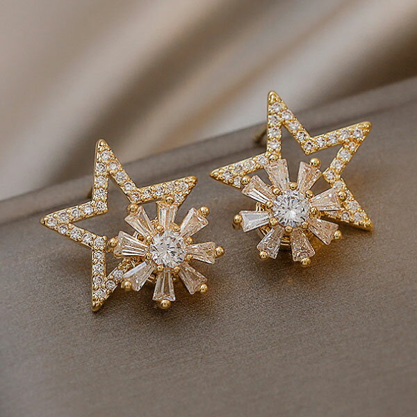楽天ZDW SHOPPING【回転式なレディースピアス・スター＆フラウー】精巧な仕上がり ピアス 金属アレルギー 18k 可愛い360度回転可能な銀針ピアス★キュービック・ジルコニア ★レディース シルバー925　アレルギーフリー 揺れる ピアス スタッド 誕生日 記念日 オフィス