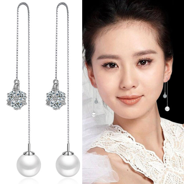 【1000円均一】ロングチェーンピアス★アメリカンビアス キュービック・ジルコニア 揺れる チェーンピアス ロングピアス 揺れるピアス ★レディース パール シルバー925　アレルギーフリー