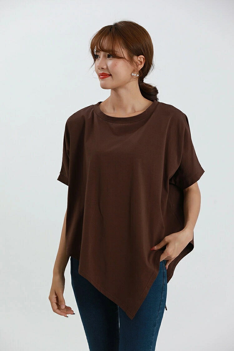 乐天商城 - Tシャツ レディース 半袖 カジュアル 不規則裾 Uネック おしゃれ シンプル 無地 ブラック ホワイト ブラウン フリーサイズ トップス ファッション プレゼント ギフト ウェア ggjp004