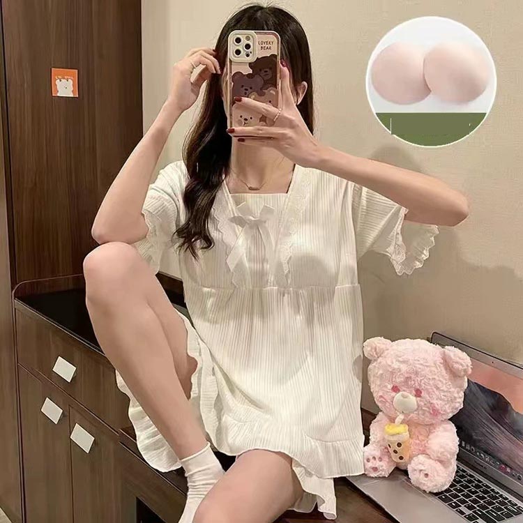 カップ付き 半袖 tシャツ 春 寝間着 夏 春 カットソー ナイトウェア パジャマ ショートパンツ ルームウェア 部屋着 薄手 レディース 半袖 パット付き プルオーバー ハーフパンツ ゆったり 上下セット フリル レース リボン 付き かわいい 学生 女子 女の子