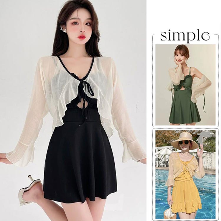 ラッシュガード 2点セット 体型カバー タンキニ パーカー 長袖 レディース 大人 ワンピース水着 セパレート リボン 水着 可愛い カーディガン フリル 小胸 水着 露出控えめ ママ水着 水着 UVカット 温泉 プール 海水浴 2