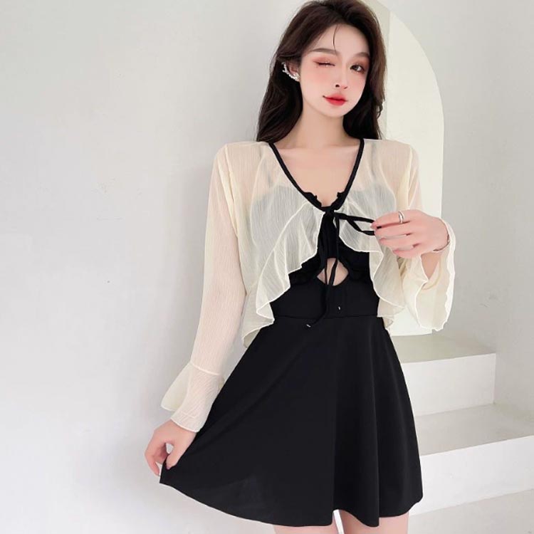 ラッシュガード 2点セット 体型カバー タンキニ パーカー 長袖 レディース 大人 ワンピース水着 セパレート リボン 水着 可愛い カーディガン フリル 小胸 水着 露出控えめ ママ水着 水着 UVカット 温泉 プール 海水浴 3