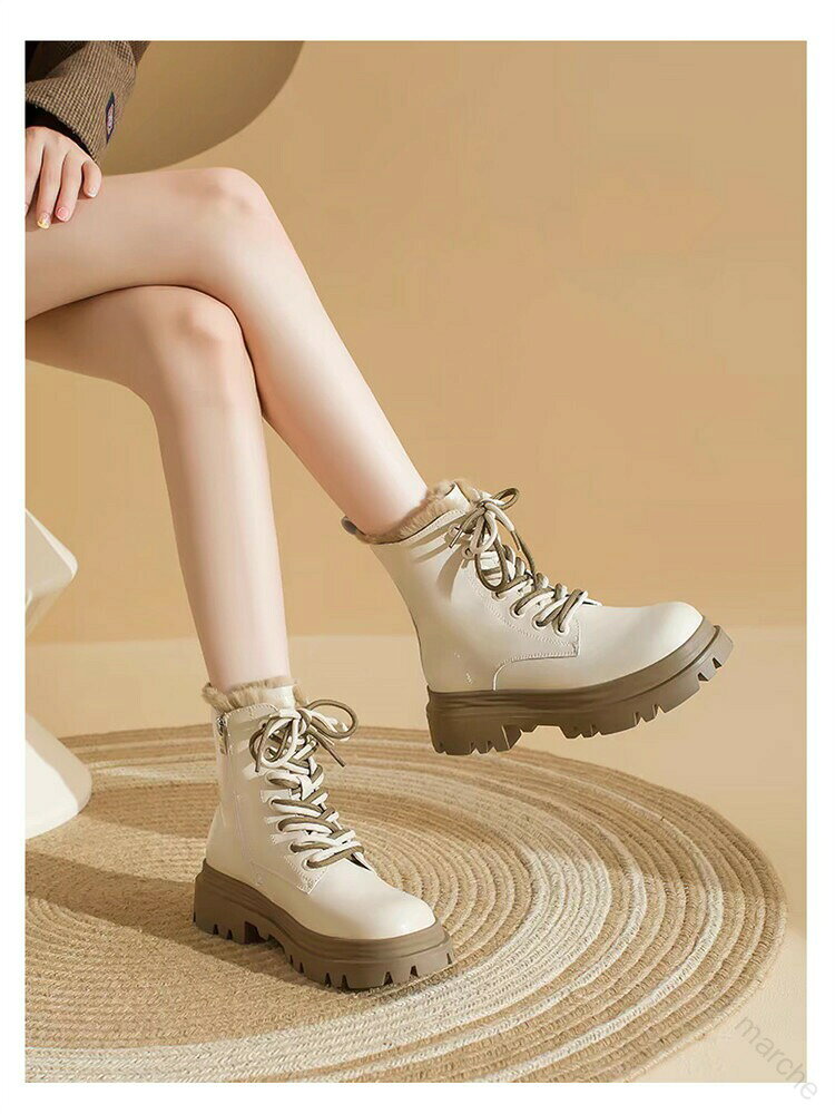 マーティンブーツ 裏ポア 裏起毛 フェイクファー レディース スノーブーツ ミドル丈 レースアップ 防滑 厚底5cm 暖かい 防寒 秋冬 ジュニア 高校生 大人用 ふわふわ 歩きやすい 可愛い おしゃれ カッコイイ 美脚効果 細見え 22.5-25CM 北海道対応