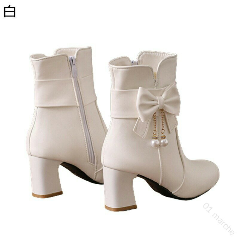 ショートブーツ 大きいサイズ 蝶結びリボン レディース パールチェーン 真珠付き カジュアルブーツ ジ..