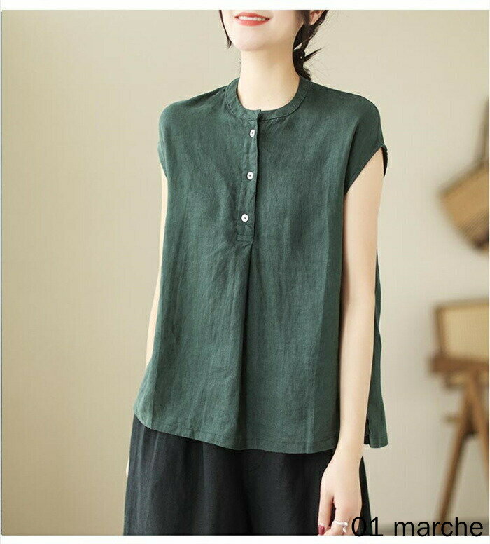 シャツ ブラウス 綿麻 シャツブラウス レディース ノースリーブ 袖なし ショート丈 無地 半開け 涼しげ ノースリーブ 夏 フレンチスリーブ トップス ブラウス コットンシャツ プルオーバー リネンシャツ コットンリネン 通気性 吸湿 薄手 春夏の夏物 リラックススタイルに最