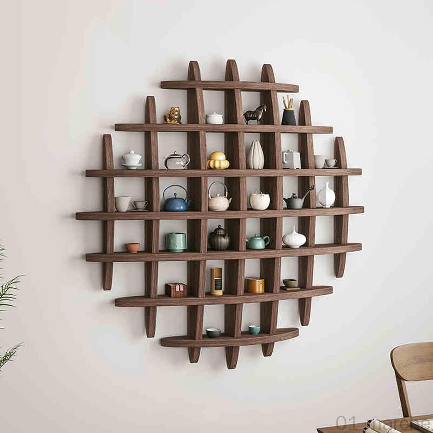 ウォールシェルフ 壁掛け飾り棚 おしゃれ 木製 壁棚 丸型 珍品棚 飾り棚 木製 花台 茶器 和室 置物 デ..