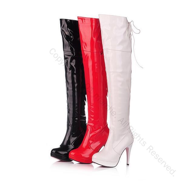 レディースブーツ ニーハイブーツ エナメル 11センチ 超ハイヒール ピンヒール 光沢 ロング丈 スーパーロングブーツ 秋冬 春秋 サイハイブーツ 大きいサイズ...