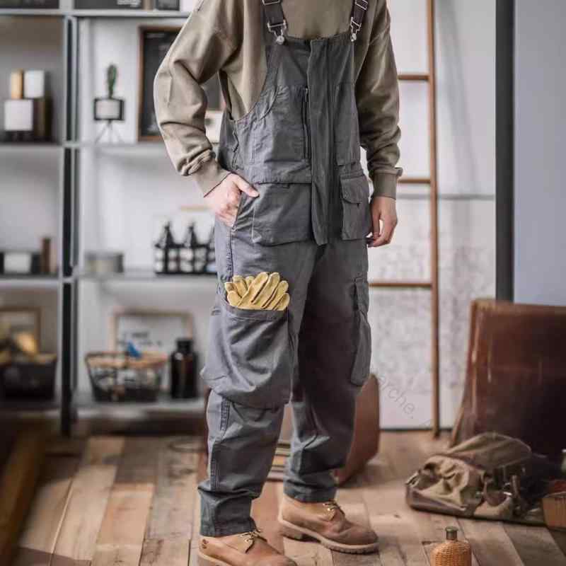 オーバーオール メンズ 男性用 アメカジ アメリカン レトロ ヴィンテージ ワークスタイル デニム ウォッシュ加工 ダメージ加工 ゆったり ルーズ ストレート サロペット カジュアル オールシーズン ファッションに最適な耐久性抜群の着心地良いデザイン