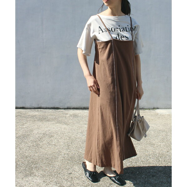 ◆SS新作入荷◆[M/LL/3L/4L/5L][洗える]パイピングリネンキャミワンピース／ラビアンジェ（LAVEANGE）