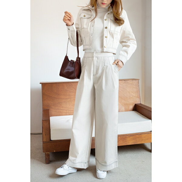 配色ステッチコンパクトジャケット&タックワイドパンツ/ジュエローブ(Jewelobe)