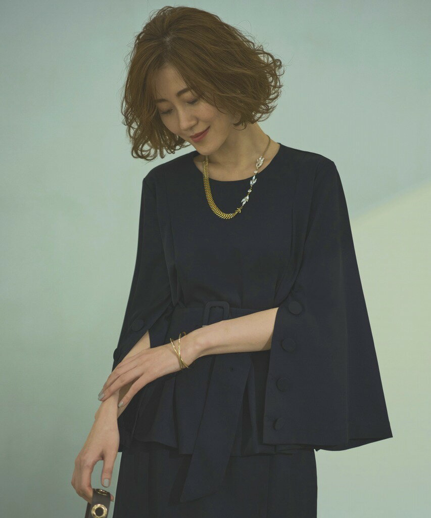 【S〜LL】ベルスリーブトップス＆プリーツヘムタイトスカートセットアップ／ルイルエブティック（RUIRUE BOUTIQUE）