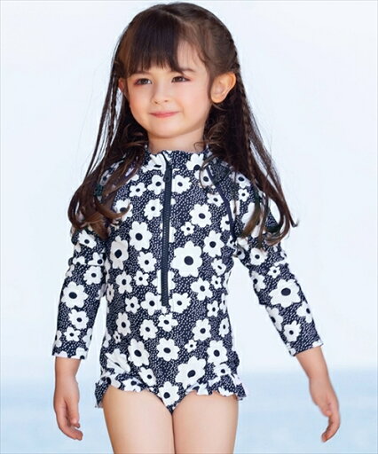 キッズ水着 長袖ワンピ風花柄オールインワン水着+スイムキャップ 2点セット/テディショップ(TeddyShop) キッズ水着 長袖ワンピ風花柄オールインワン水着+スイムキャップ 2点セット/テディショップ(TeddyShop)