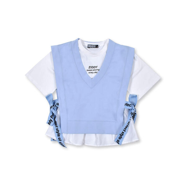 ギャザー　Tシャツ　＋　Vネック　サイド　リボン　ベスト　レイヤード　セット　（130〜160cm）／ジディ（ZIDDY）のサムネイル