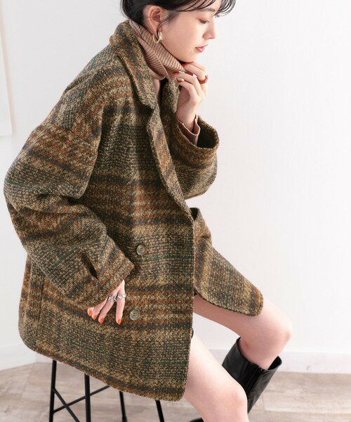 23秋冬新色追加★レトロな主役級アイテム。ブークレー起毛チェック柄ダブルジャケットコート/クラシカルエルフ(Classical Elf)