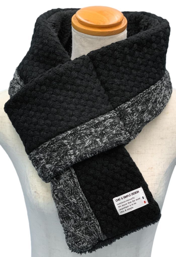 差し込みマフラー　ニット格子柄配色パネルxボア／ウィングス（Wing-s）