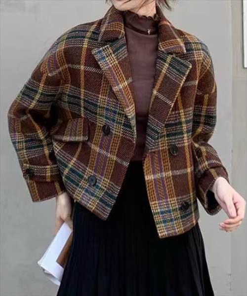 レディース レトロチェック柄ショート丈ダブルボタンピーコート/テディショップ(TeddyShop)