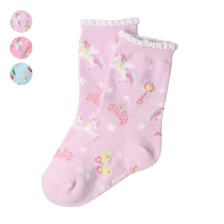 ユニコーン・苺柄クルーソックス／キッズフォーレ（Kids Foret）