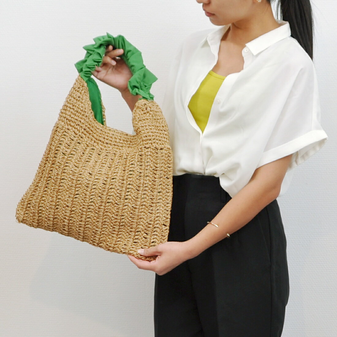 カゴバッグ カシュカシュ cachecache / フリルワンハンドルペーパー手編みトート／...