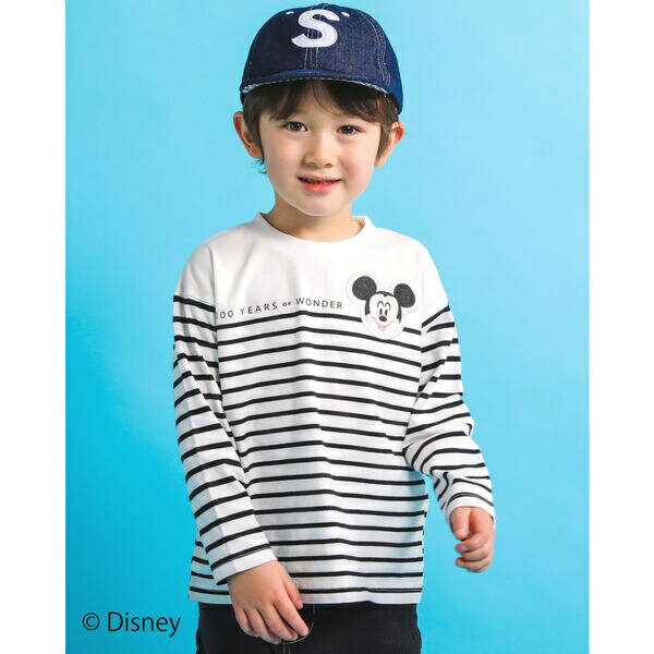 【 Disney 】 ミッキーマウス / ミニーマウス / フェイス ワッペン 付 ボーダー 柄 T／スラップスリップ（SLAP SLIP）のサムネイル