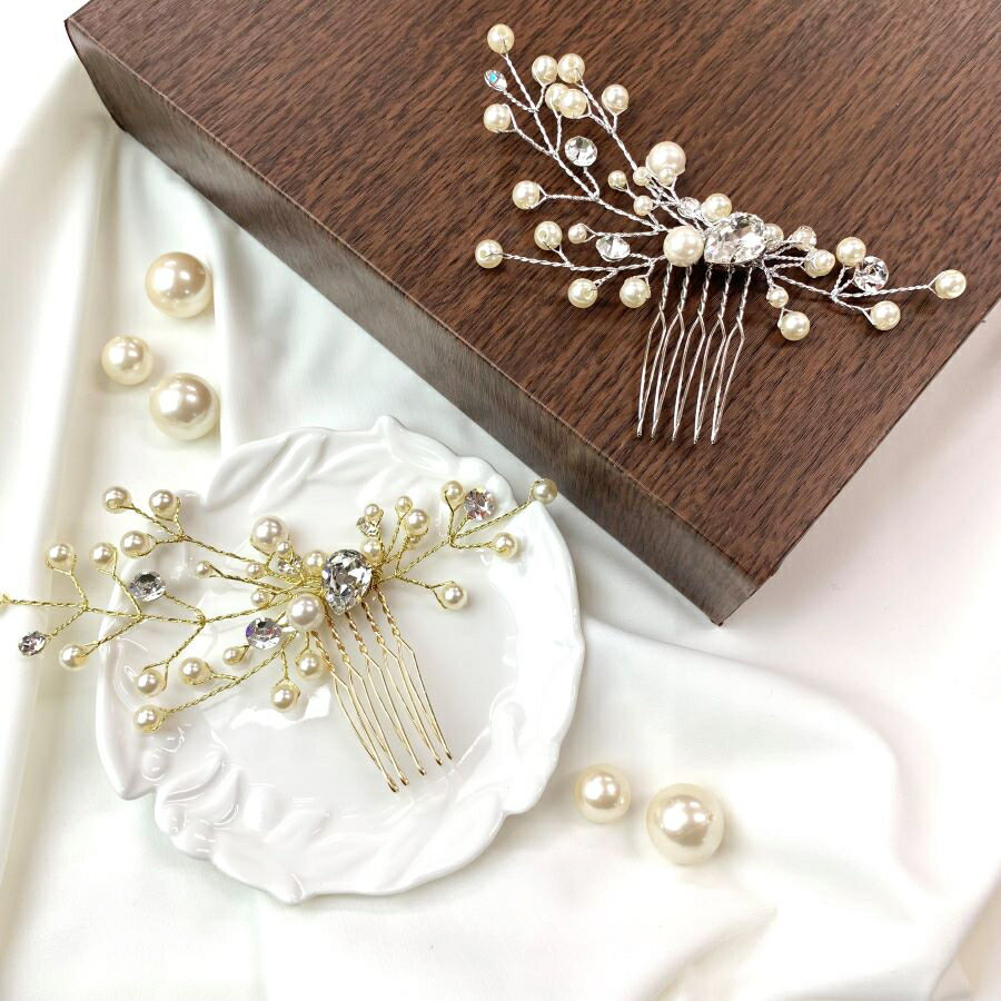 クリスタルストーン＆パールリーフ調コーム／ピニーパール（Pinny Pearl）