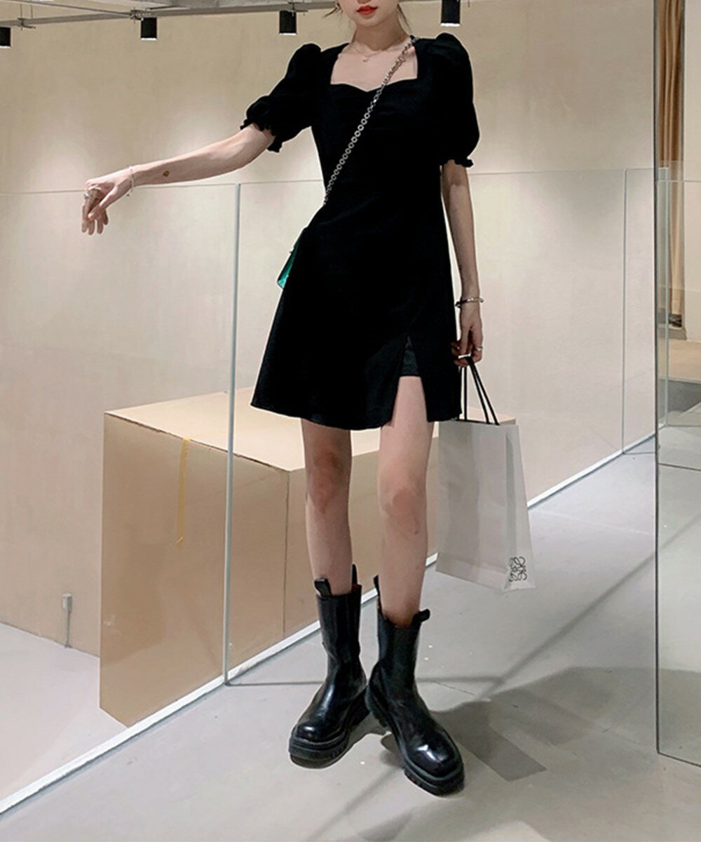 【Jasmine】スクエアネック半袖スリットワンピース S／ジャスミングランディフローラム（Jasmine Grandiflorum）