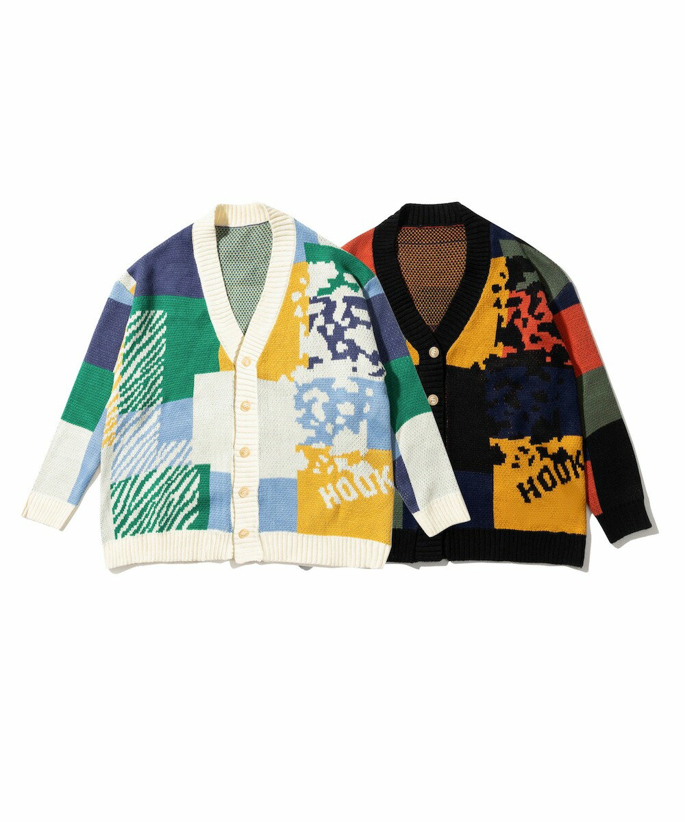 レトロ調アニマル・配色パッチワークニットカーディガン／フック（HOOK）のサムネイル