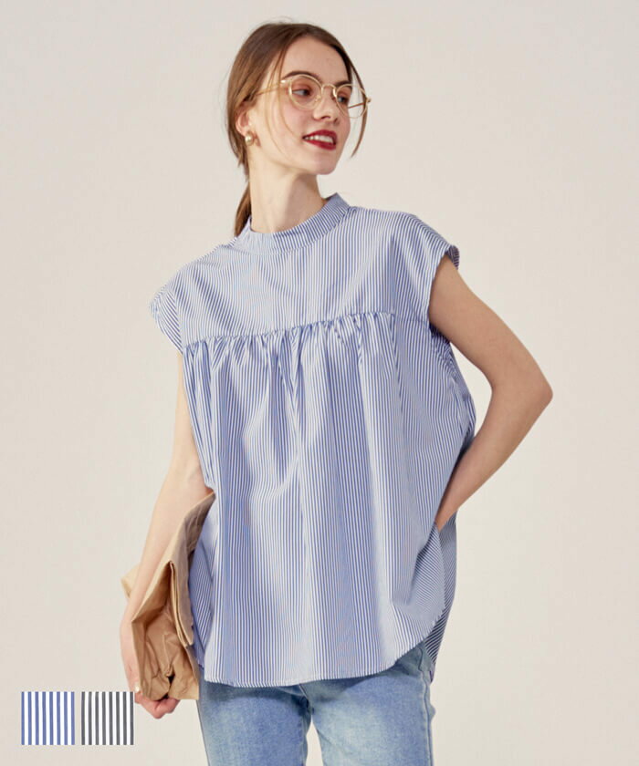 ストライプ バックボタン ブラウス 全2色／コカ（coca）のサムネイル