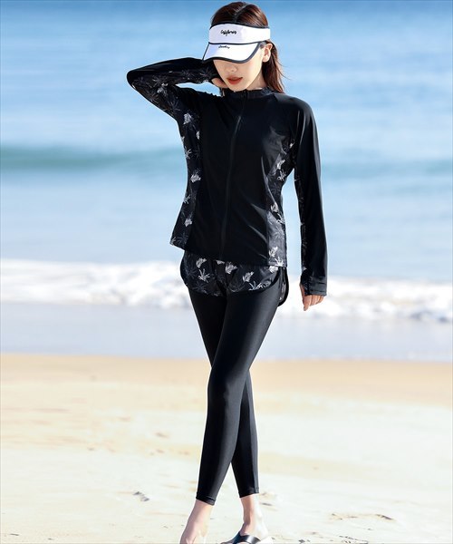 レディース水着 フィットネスビキニ+長袖ラッシュガード+ショートパンツ+レギンス 5点セット／テディショップ（TeddyShop）