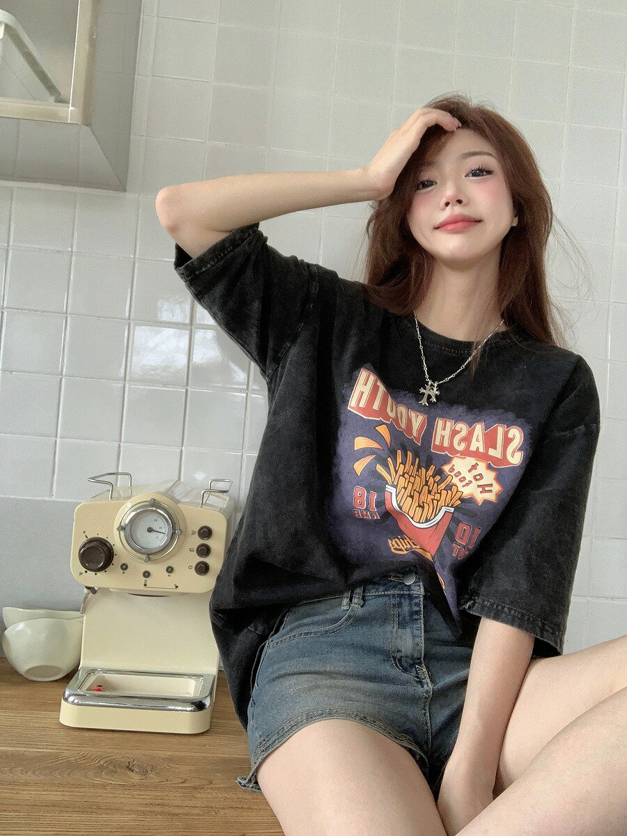 ビッグシルエット ジャンキープリント ピグメント 半袖 Tシャツ 古着風 フライドポテト カレッジロ／デバイス（DEVICE）