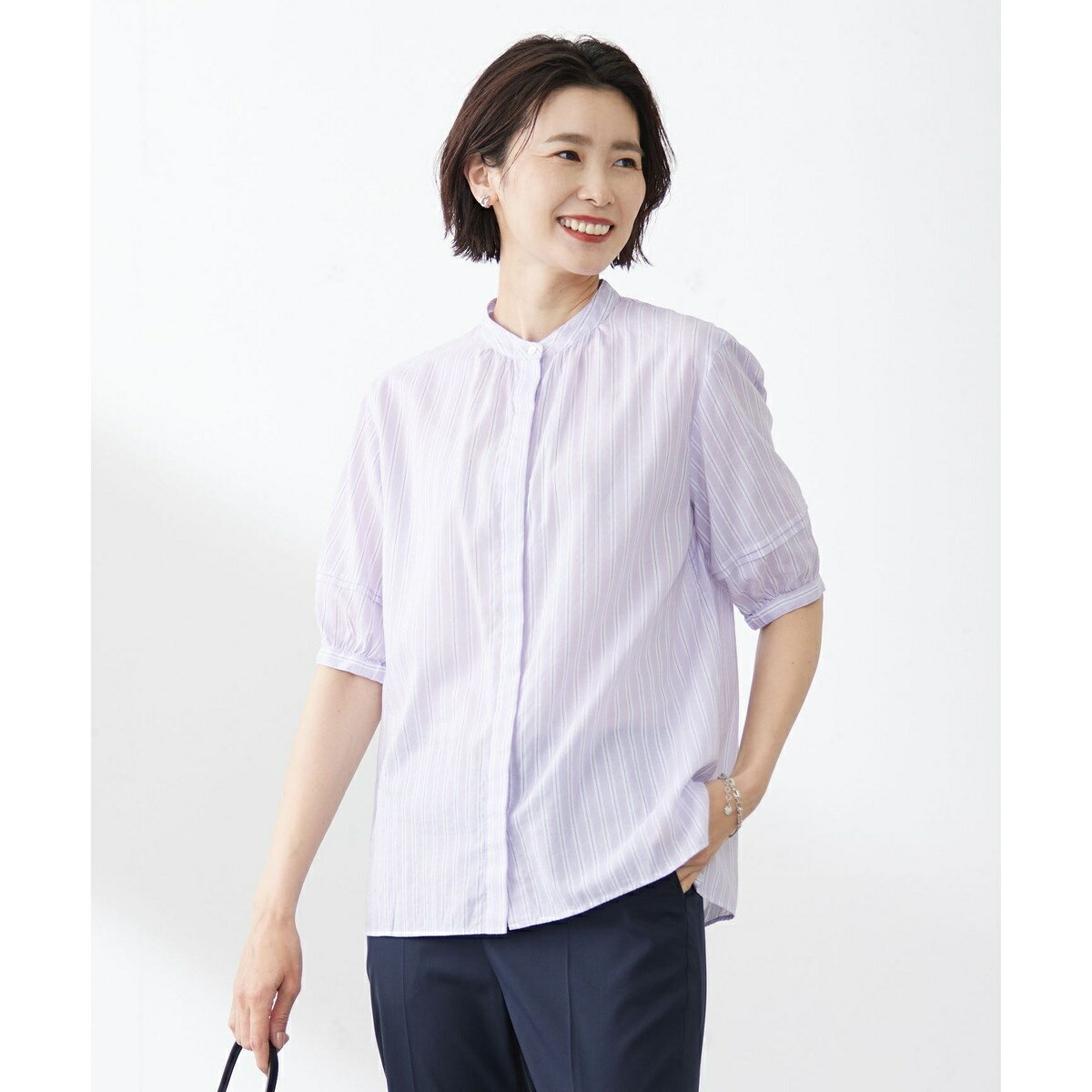 【洗える】綿キュプラコードストライプ バンドカラー ブラウス／Jプレス（J.PRESS）のサムネイル
