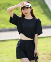 レディース水着 半袖クロップドアレンジ可能ラッシュガード+ショートパンツ 上下2点セット/テディショップ(TeddyShop)