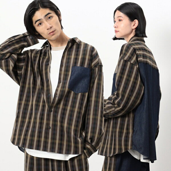 TRチェック＆デニム切替長袖シャツ／パープル＆イエロー（Purple ＆ Yellow）